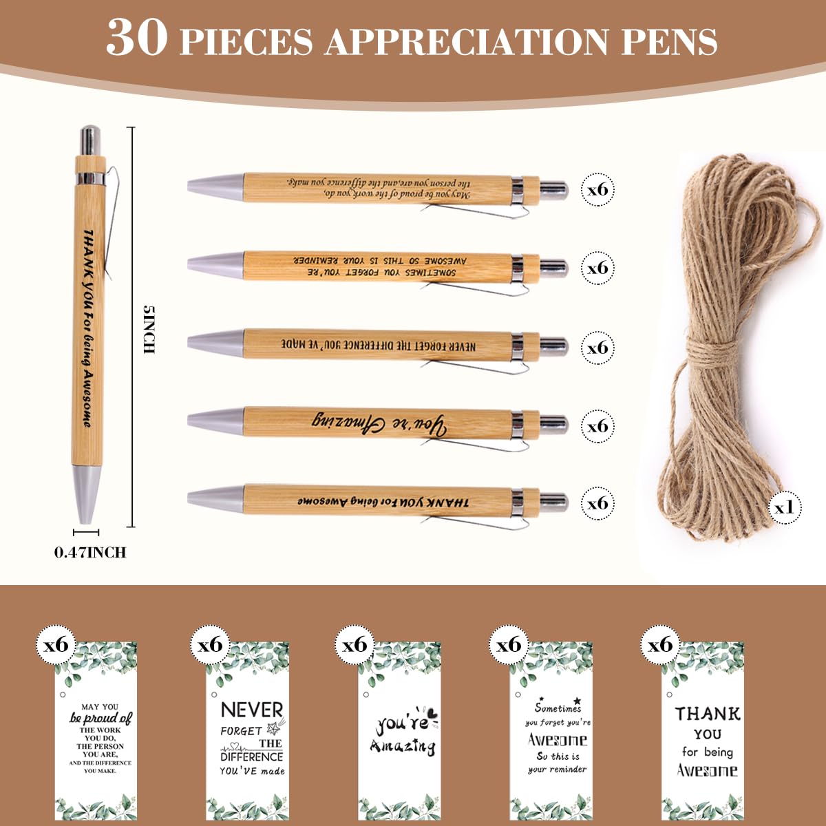 30 Sets Employee Appreciation Gifts Bulk Teacher Thank You Gifts Motivational Bamboo Pens with Appreciation Cards Gift for Teacher Student Coworker Colleague Team