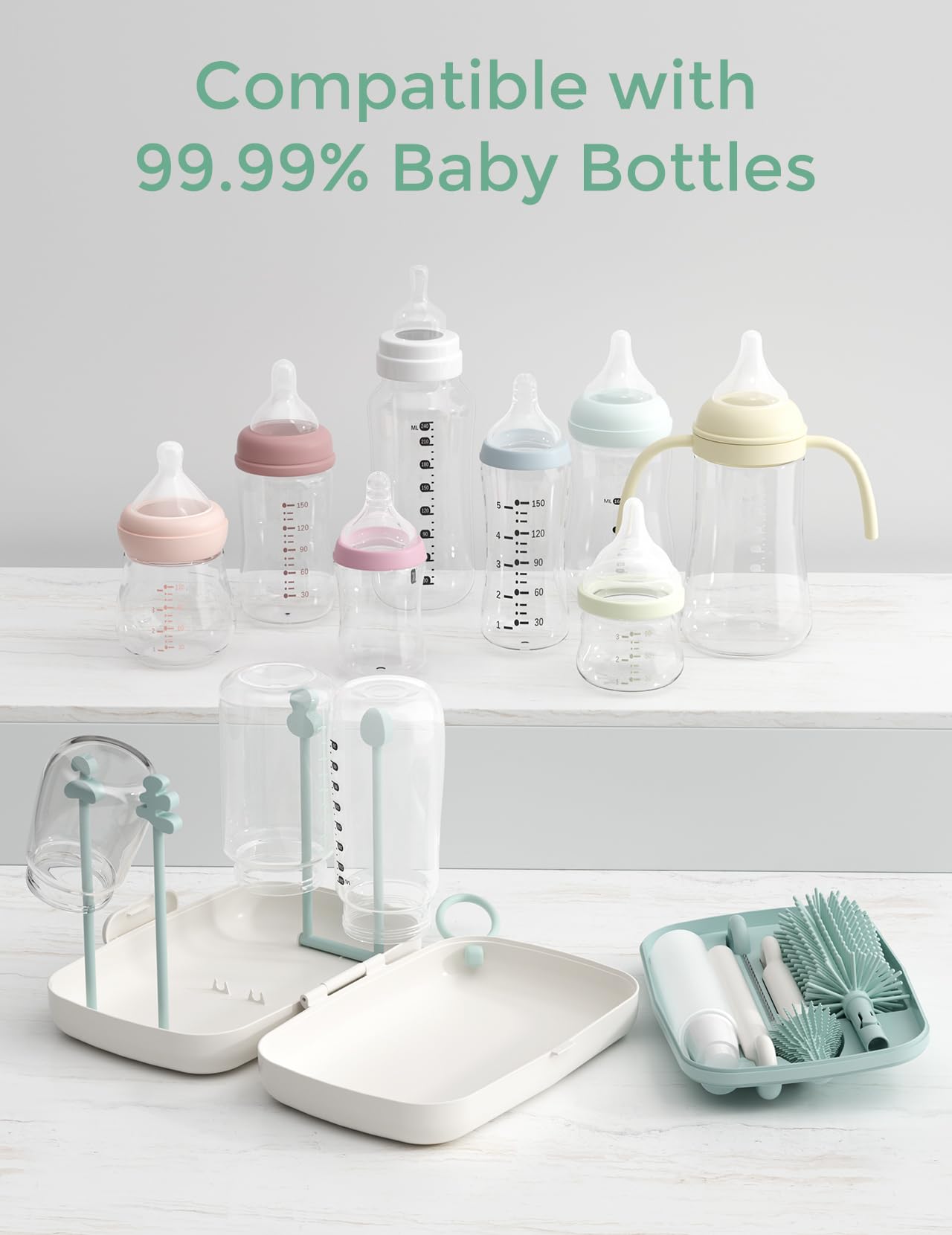 Momcozy 7 in 1 Baby Bottle Brush Set - Complete Bottle Cleaning Kit with Silicone, Nipple, Straw Brush,Soap Dispenser, and Drying Rack - Ideal for Home and Travel