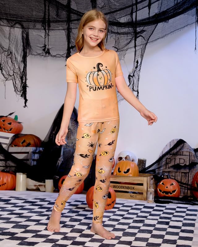 MyFav Halloween Girl Pajamas Set Cute PJS Short Sleeve Long Pants Sleepwear Crew Neck Kid PJS Night Clothes,Light Orange,10Y