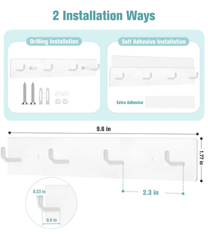 RELBRO Key Holder Wall Mount, Large Metal Self Adhesive Key Rack with 4 Hooks, 2 Installation Options, White