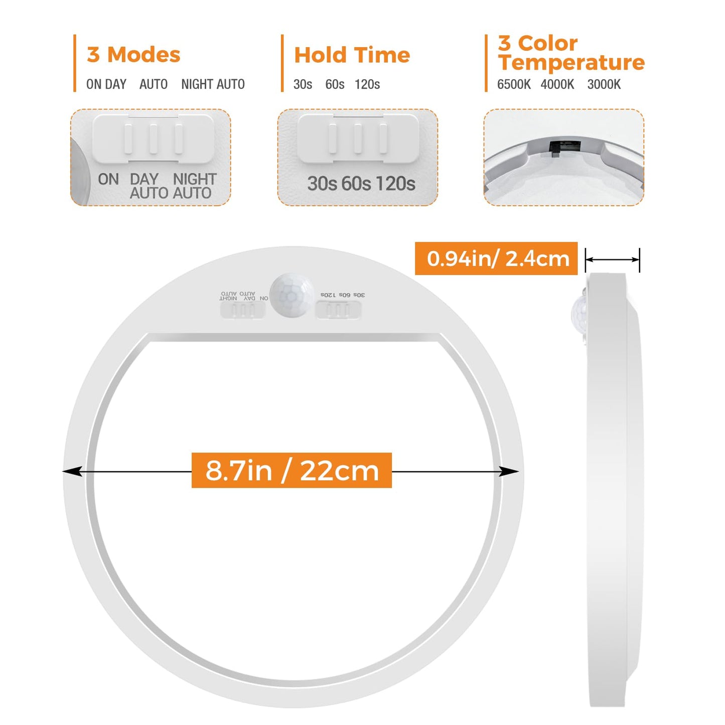 slochi LED Ceiling Light with Motion Sensor, 3000K-4000K-6500K & 100W Equivalent Motion Sensor Lights Indoor, 18W 1800LM 18cm Bathroom Ceiling Light for Bath,Porch,Stairs,Garage