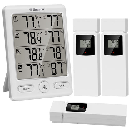 Geevon Indoor Outdoor Thermometer Wireless with 3 Remote Sensors, Digital Hygrometer Thermometer, Wireless Temperature Humidity Monitor Gauge with 200FT/60M Range (Black)