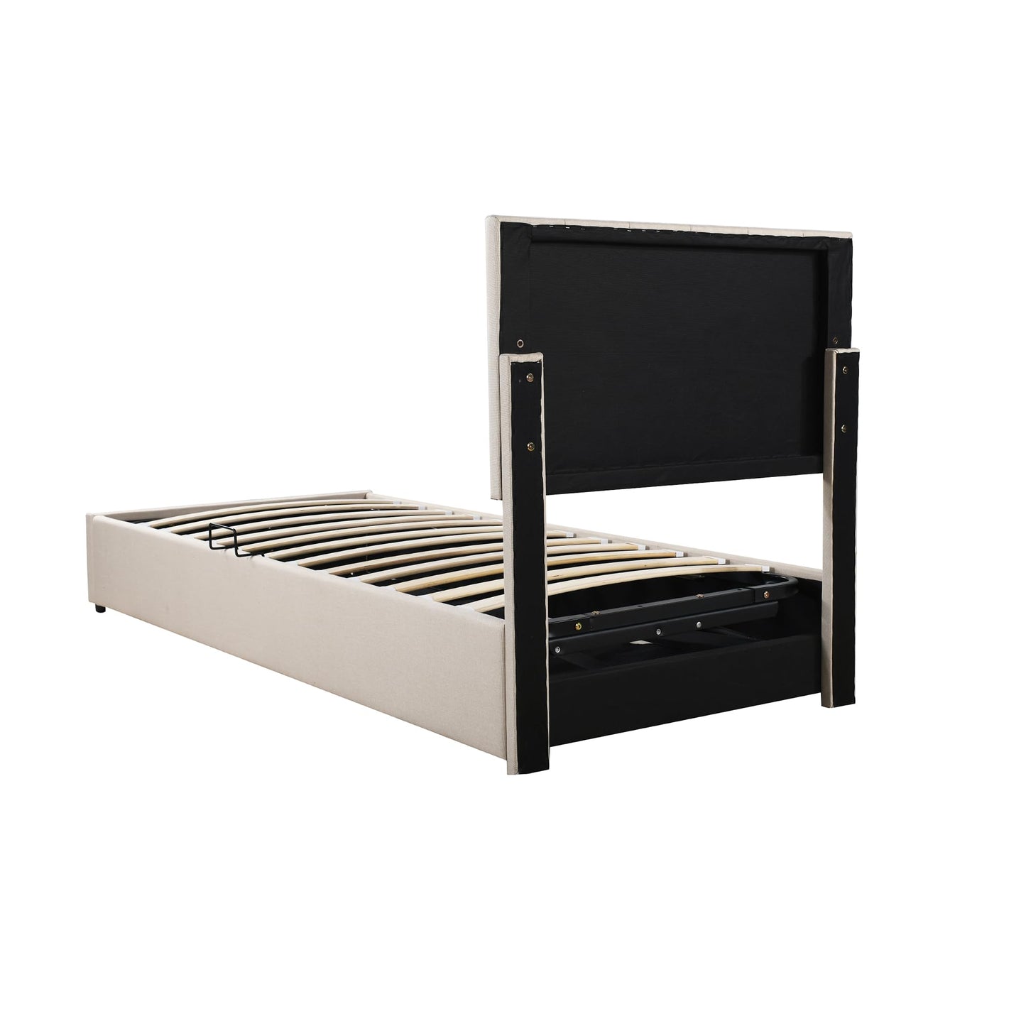 Twin Size Upholstered Platform Bed with Hydraulic Storage System, Vertical Stripe Headboard, Lift Up Storage Bed Frame with Slats Support No Box Spring Needed Modern Bedroom Furniture, Beige