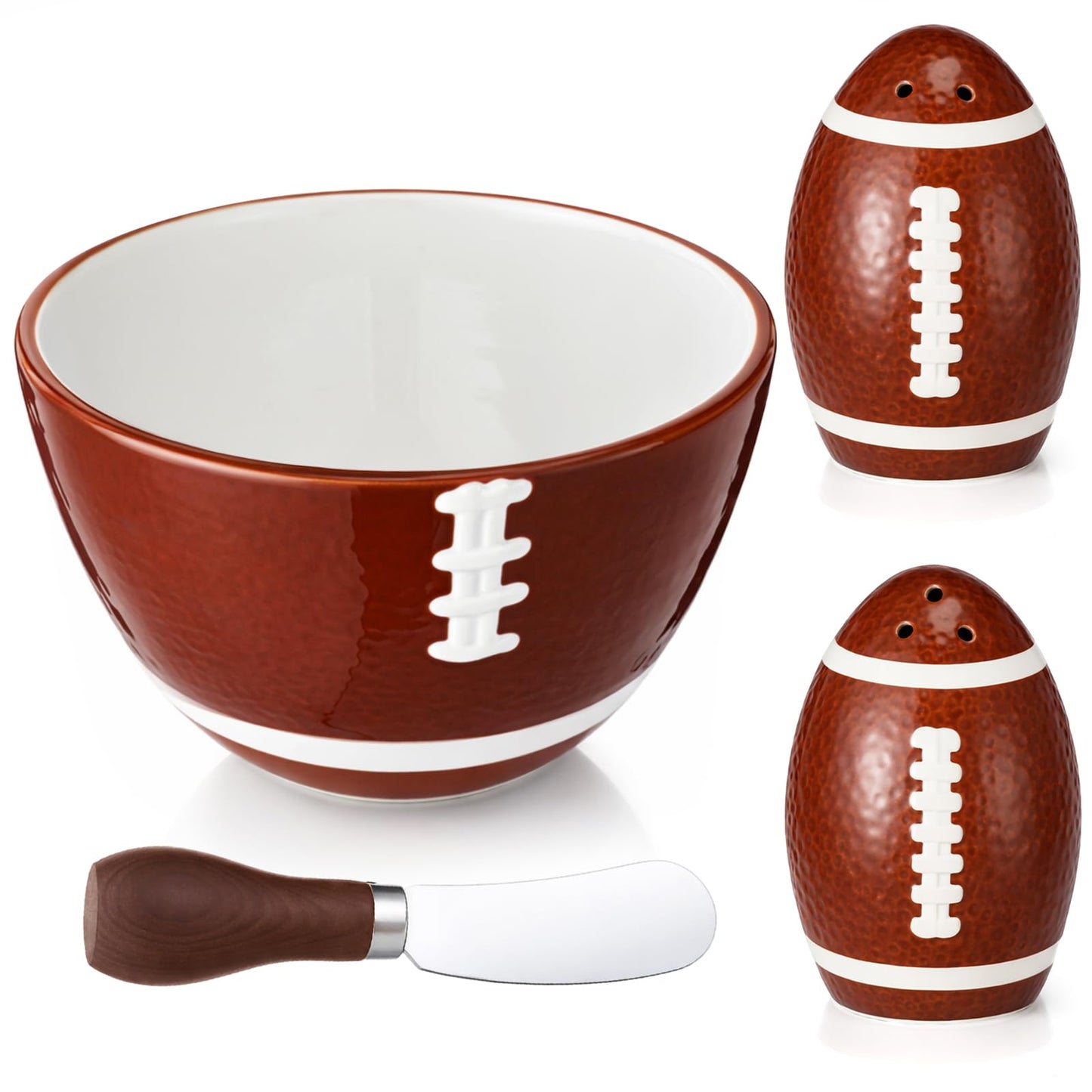 CimoroWin 4 Pcs Football Serving Set Ceramic Bowl Salt & Pepper Shakers And Stainless Steel Spreader for Football Fever Season Sport Lover Party Home Kitchen Dining Table Decoration