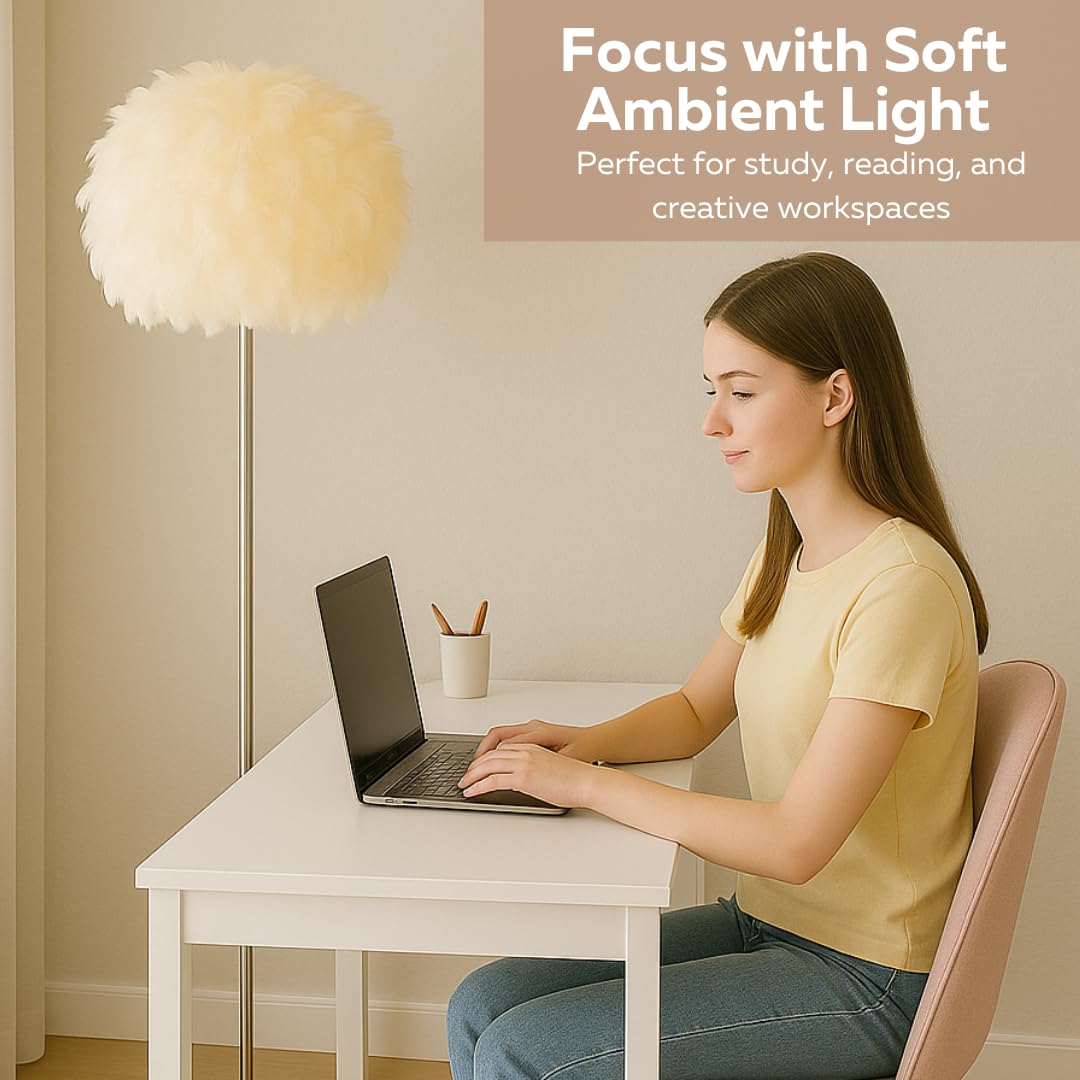 LIGHTACCENTS 69" Luxury Feather Floor Lamp with Chrome Base - Fluffy Cloud Standing Light for Living Room, Bedroom, Nursery, Vanity (White)