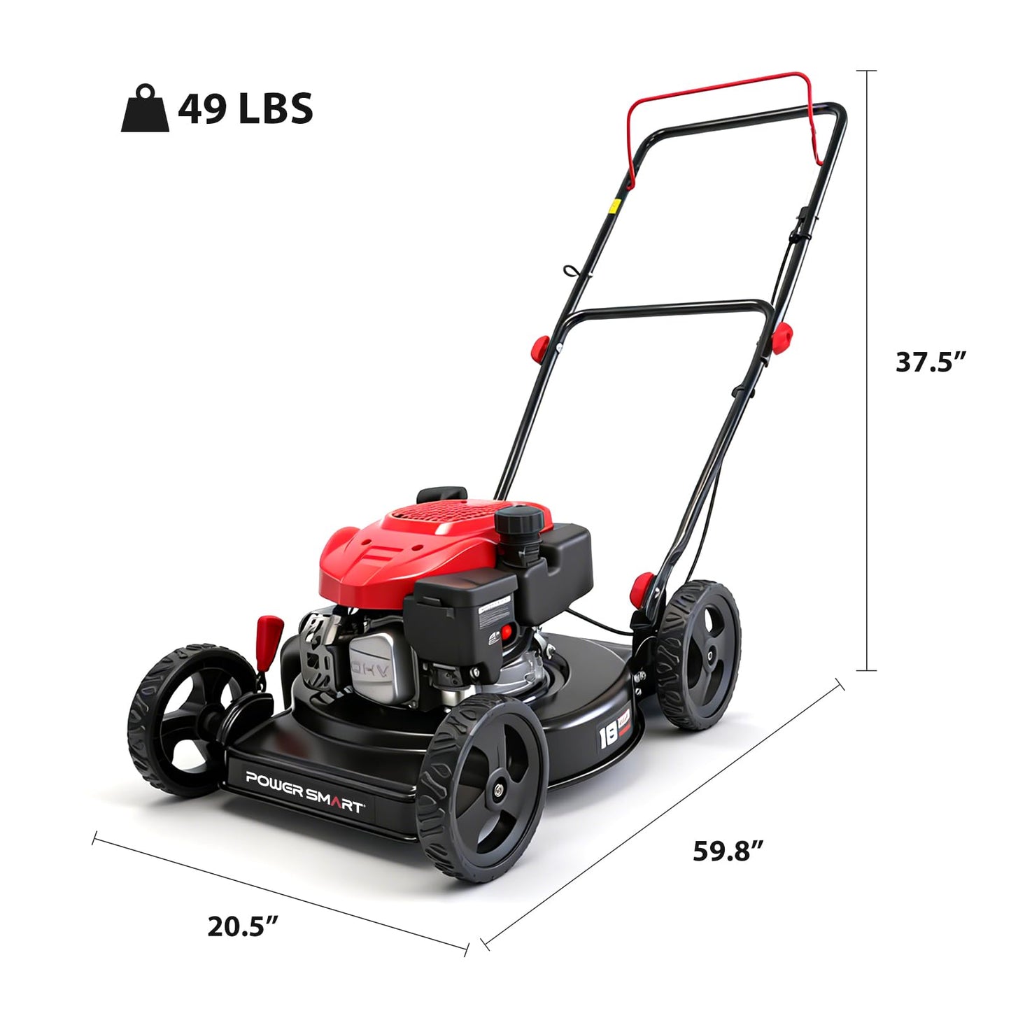 PowerSmart 18-Inch Gas Lawn Mower, 144cc 4-Cycle OHV Engine, Push Mower with Side Discharge, 5 Cutting Heights