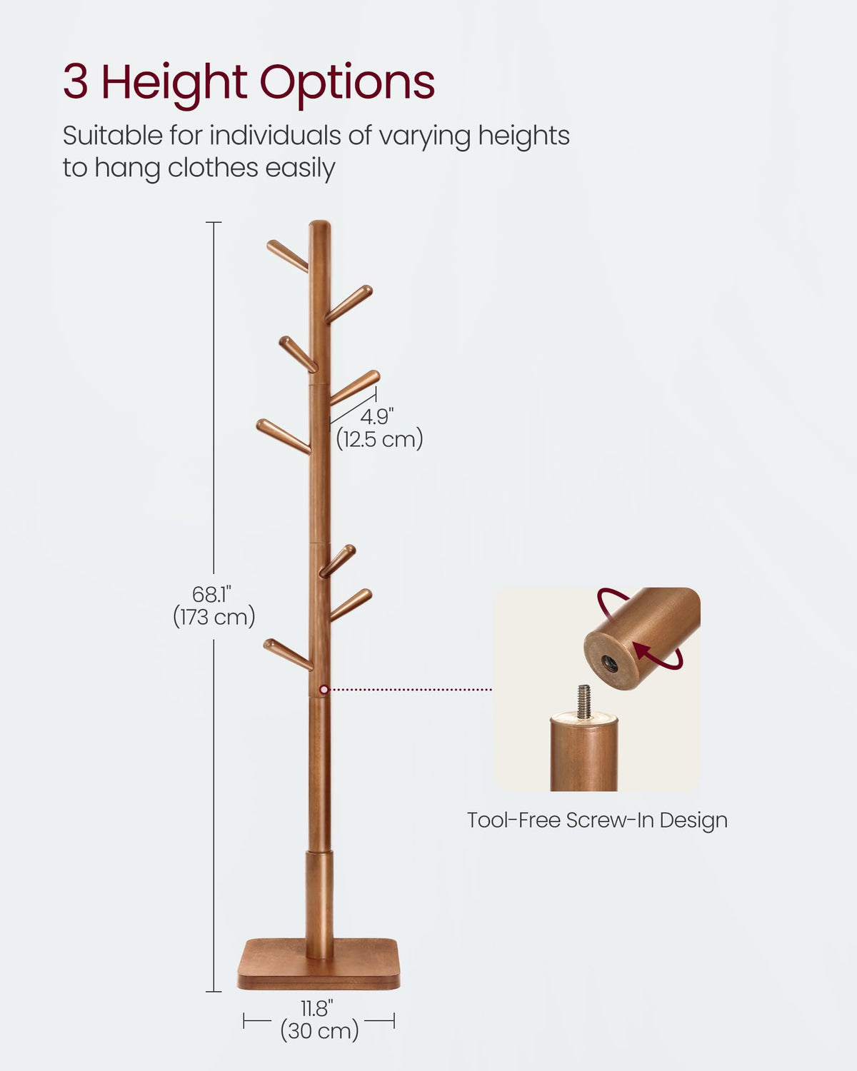 VASAGLE Solid Wood Coat Rack, Free Standing Hall Coat Tree with 8 Hooks, 3 Height Options, for Coats, Hats, Bags, Purses, for Entryway, Hallway, Rubberwood Hooks and Pole, Dark Walnut URCR010W01