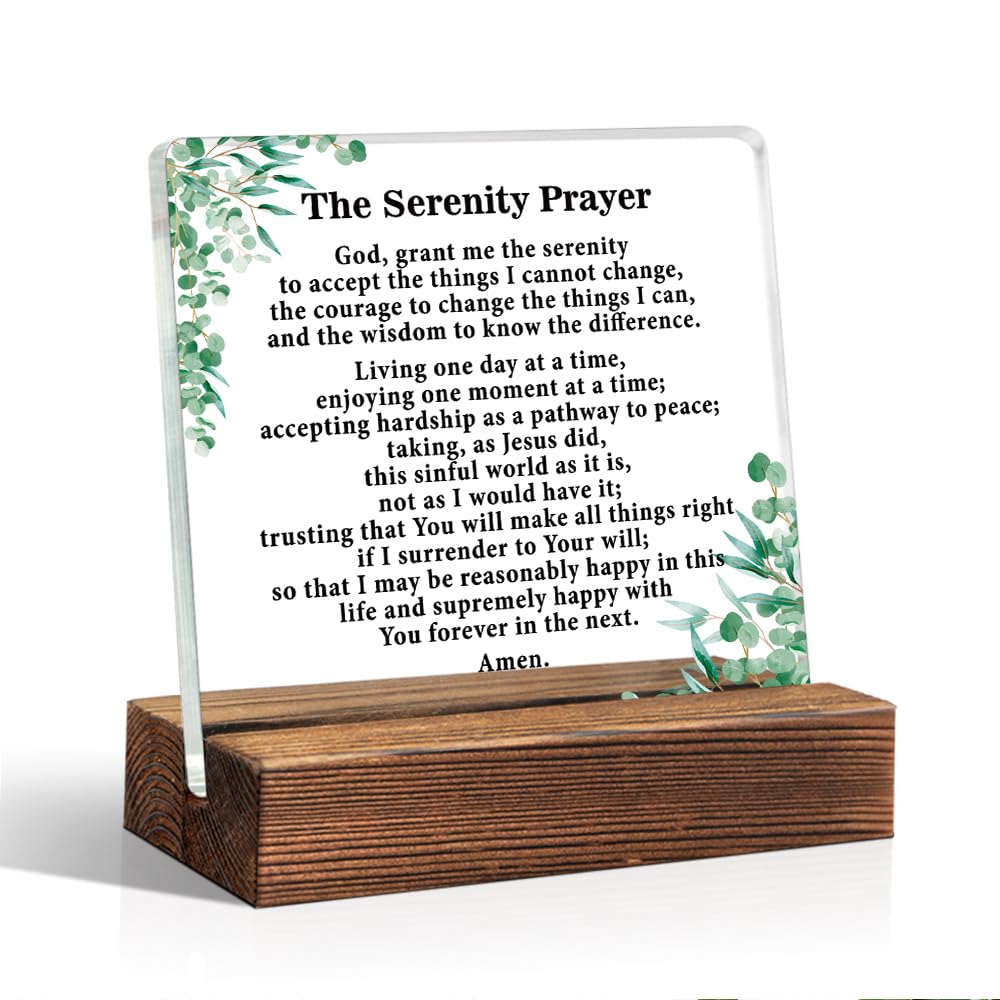 THEBESTU The Serenity Prayer Acrylic Sign with Wood Stand, Inspirational Christian Gifts, Bible Verses Acrylic Plaque, God Grant Me the Serenity Desk Decorative Sign for Home Office, Religious Gifts