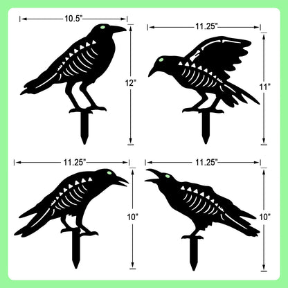 YY Gardenia Halloween Decorations Outdoor,Metal 4 Pack Black Crow Garden Stake - Spooky Glow in The Dark Raven Silhouette Crows Halloween Decorations