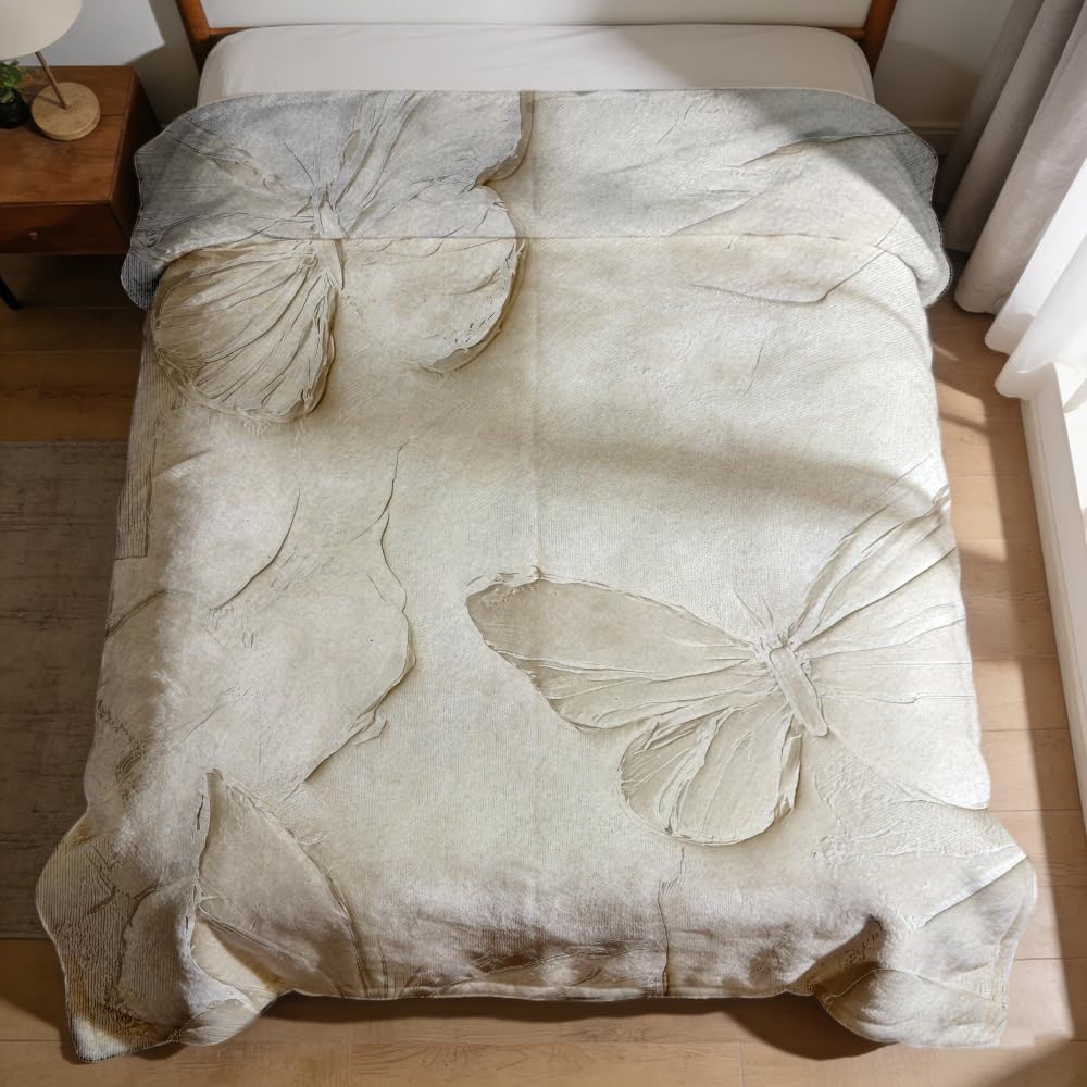 ZHOUSHUTONG Butterfly Throw Blanket Elegant White Butterflies Floral Print Gifts for Women Girls Super Soft Warm Cozy Flannel Blanket for Couch Sofa Bedroom Office Home Decor 49"x59"