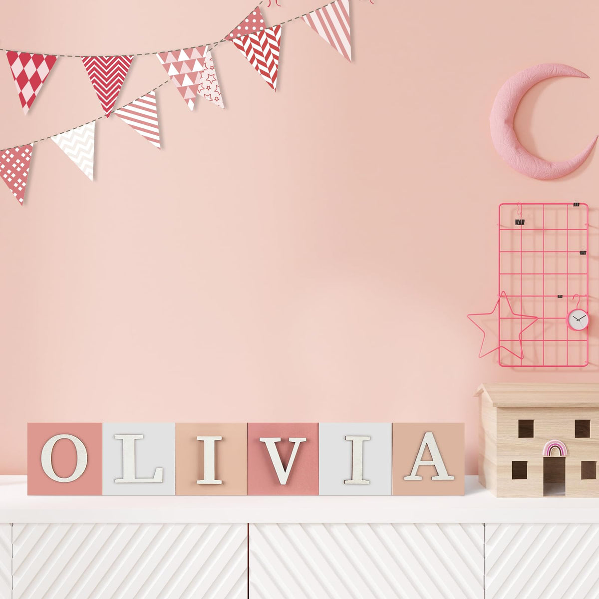 Kigley 8 Pcs Custom Wooden Name Sign 8 Letter Blocks and 78 Wooden Letter Name Wooden Cubes Wooden Blocks for Montessori Shower Name Alphabet Wood Signs(Pink)
