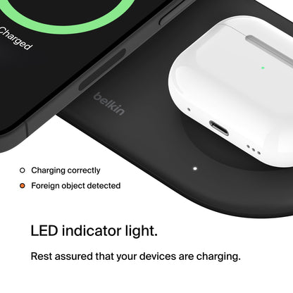 Belkin 2-in-1 Wireless Charging Pad w/ Qi2 15W + Additional USB-C Port - MagSafe-Compatible Charger, Charging Station for iPhone 16 & 15 Series, Samsung Galaxy S25 Series, AirPods, & More - Black