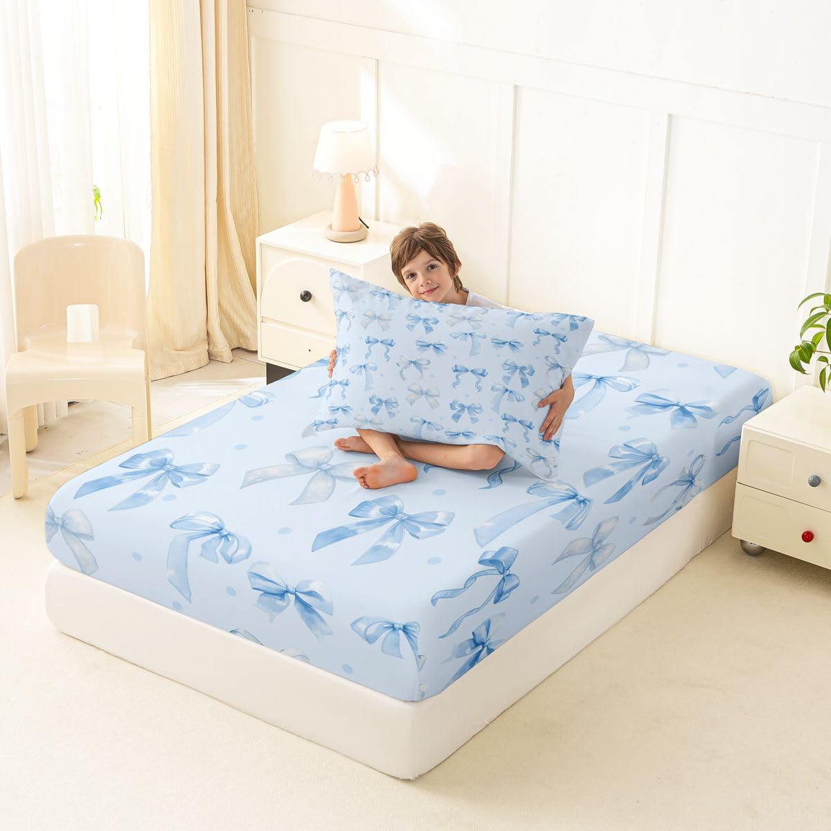 jejeloiu Cute Blue Bow Fitted Sheet with 1 Pillowcase Twin Size Ribbon Bow Knot Bed Sheets Set 16" Deep Pocket Boys Girls Dreamy Princess Bowknot Bedding Teens Bedroom Decor Breathable