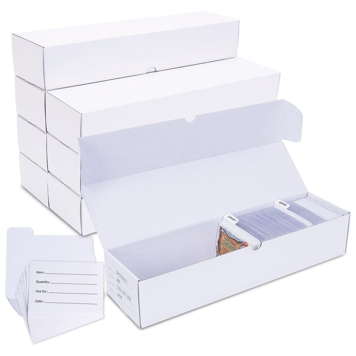 Leyzan Trading-Card Storage Box, 8-Pack • 1000 Count Corrugated Cardboard Storage Box with dividers & labels for TCG/Magic/Mtg storage and Collection, 14.4 INCH Horizontal