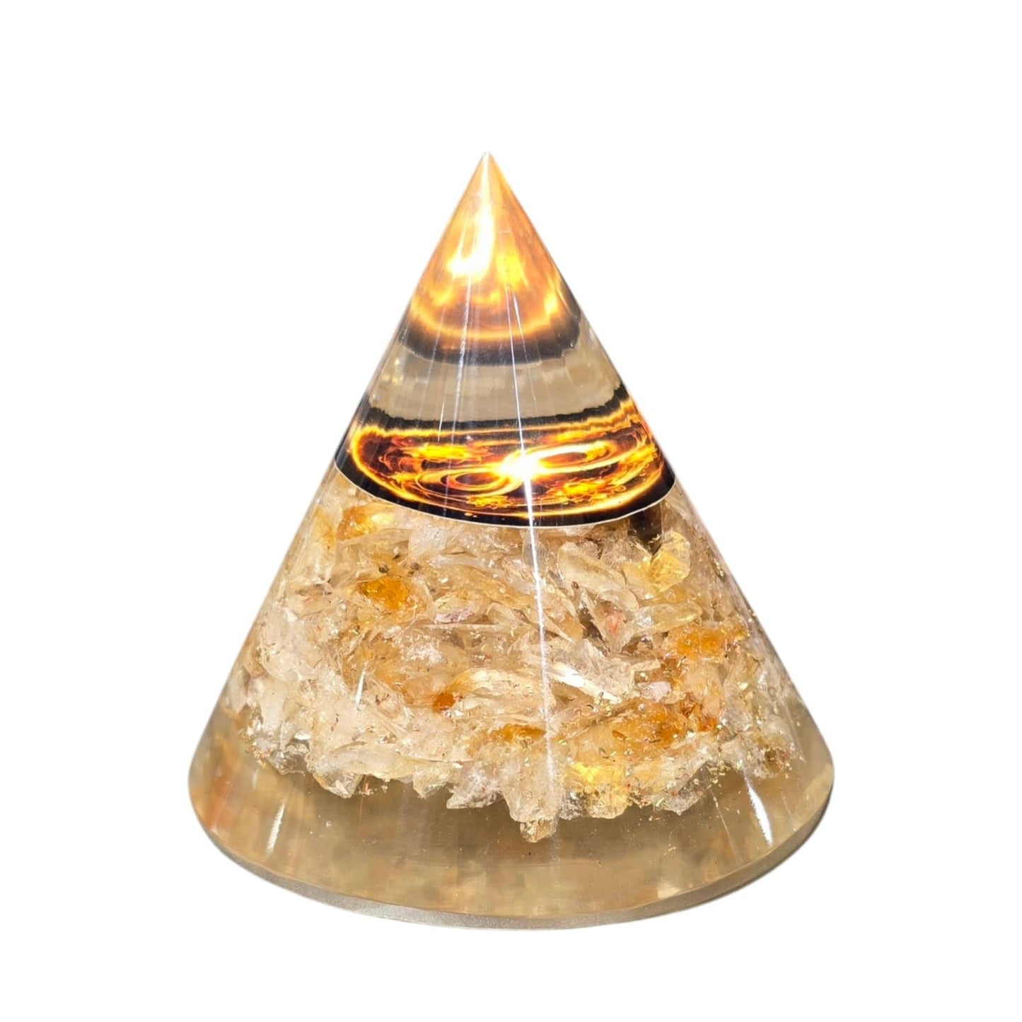 Crystal Orgonite Pyramid with Citrine Crystals, Decorative Energy Stone, Clear Resin