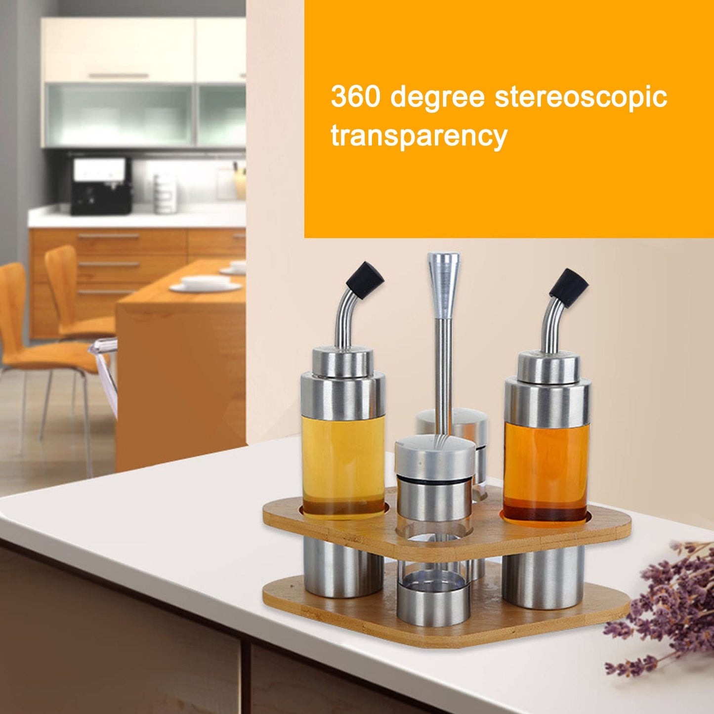 4-Pack Stainless Steel Kitchen Dispenser Set with Wooden Holder - Precision Olive Oil, Vinegar, Salt & Pepper Bottles for Home & Restaurants