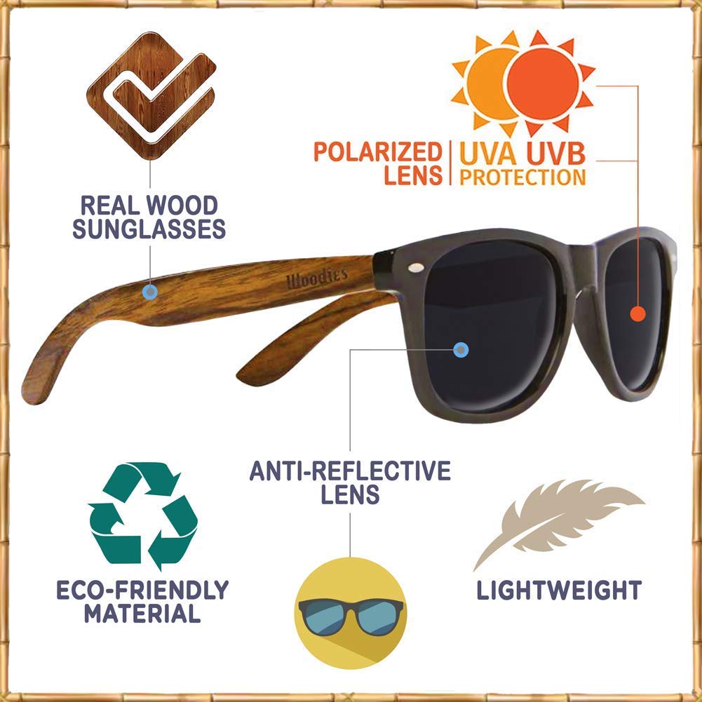 Woodies Walnut Wood Sunglasses with Black Polarized Lenses for Men and Women | 100% UVA/UVB Ray Protection