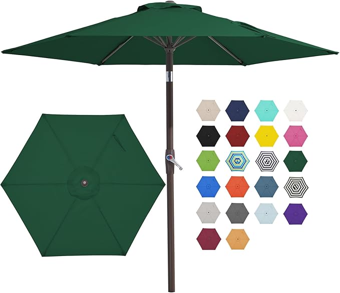 JEAREY 7.5FT Patio Umbrella Outdoor Market Umbrella with 6 Sturdy Ribs, Push Button Tilt/Crank Table Umbrella for Garden, Deck, Backyard and Pool, Dark Green