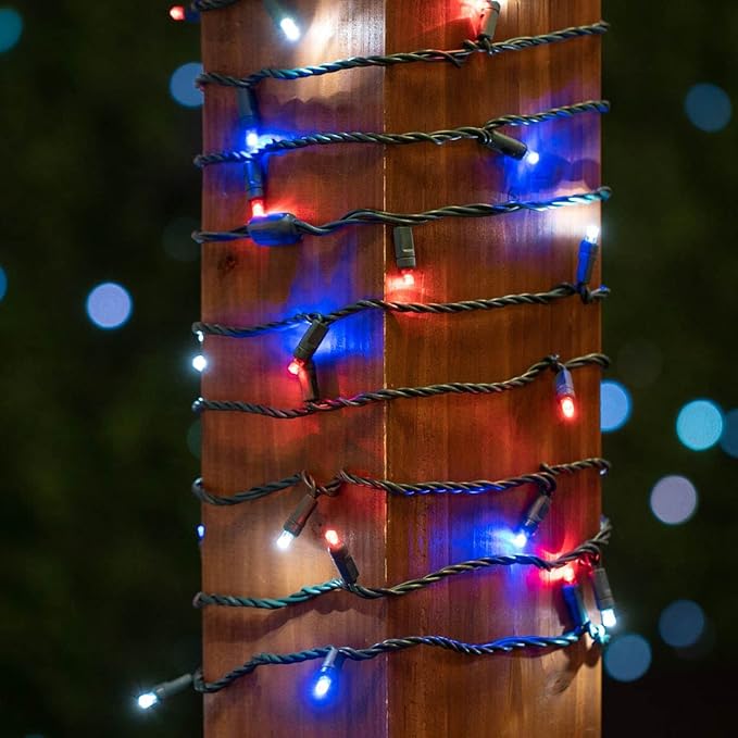 Novelty Lights 50ft 100 LED Red/Pure White/Blue Christmas Lights Outdoor/Indoor, 6" Spacing, Green Wire String Lights for Festive Xmas Lighting, IP55, UL Listed, Dimmable, Connectable