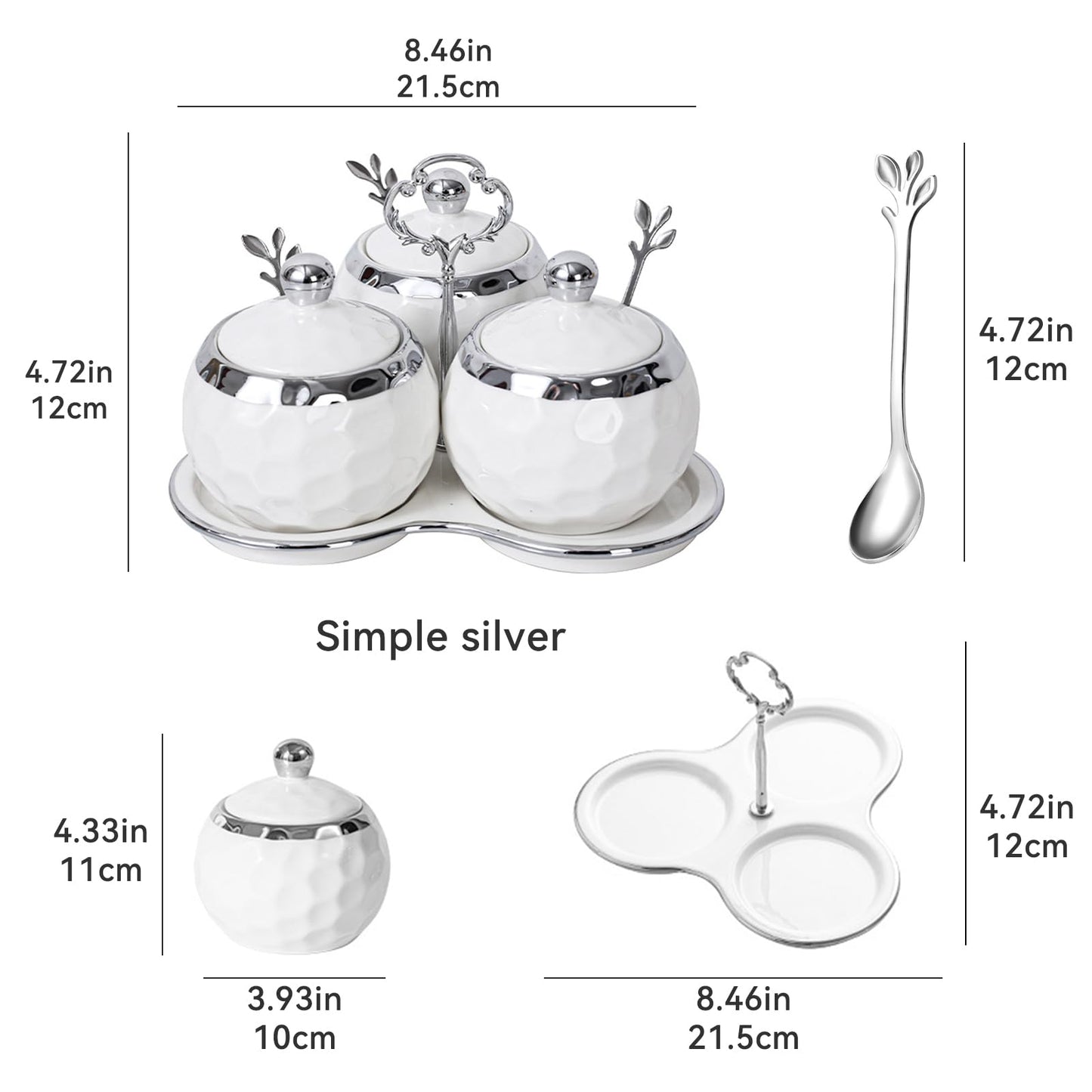 YMYL Set of 3 Porcelain Condiment Pot Sugar Bowl with Lid, Spoon and Tray, Modern Ceramic Seasoning Jars Salt Container for Home Kitchen, Restaurant, Coffee Bar (White)