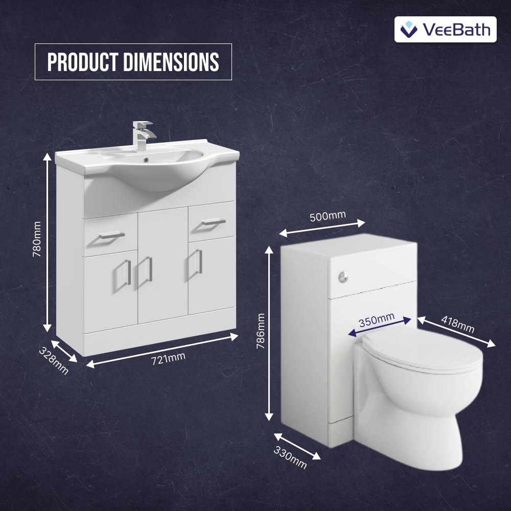 VeeBath Linx 1250 Vanity Unit Furniture Set, Wash Basin Bathroom Sink, WC, Toilet Pan, Soft Close, Quick Release Toilet Seat with Concealed Cistern-White (Flat Pack)