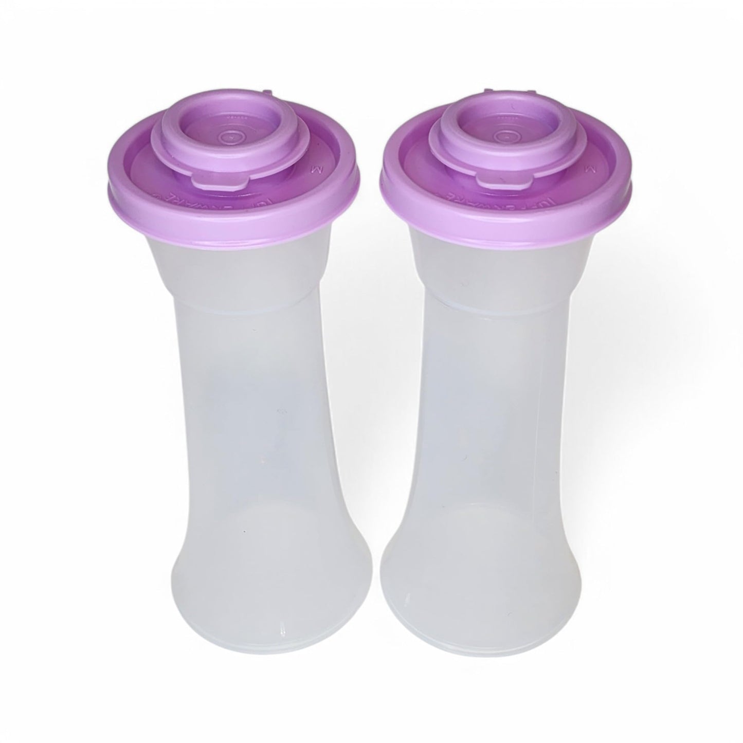 Tupperware Large Hourglass Salt and Pepper Shakers Clear Containers with Lilac Pink