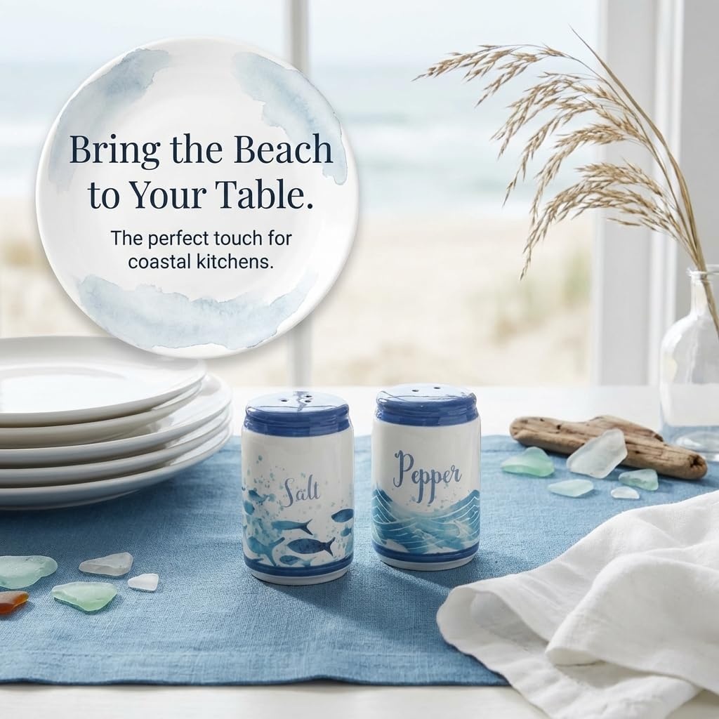 Beachy Blue Fish & Ocean Waves Ceramic Salt & Pepper Shakers