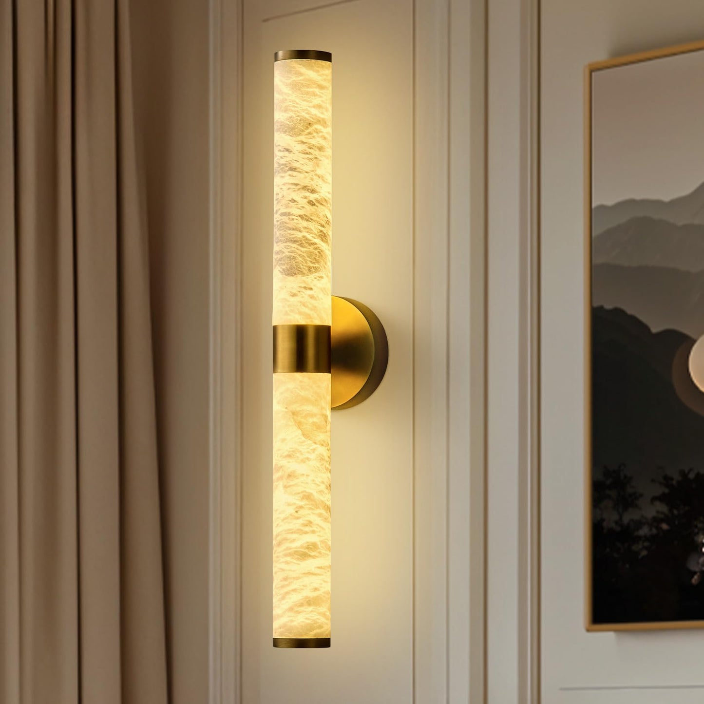 OSRoyce Alabaster Wall Sconces, 24" Brass Wall Sconce, Cylinder Natural Spanish Marble Sconces Wall Lighting, Modern Gold Dimmable Wall Lights for Living Room Bedroom Bathroom Stairs Hallway Entryway