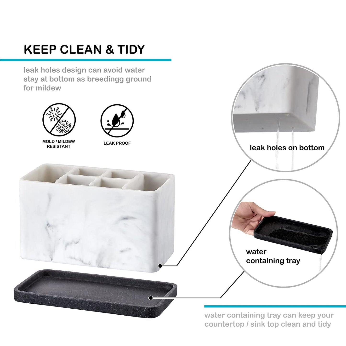 ZCCZ Marble Look Toothbrush Holder for Bathroom Countertop Organizer, Holds Toothpaste, Dental Floss, Razor, Comb, Makeup Brushes, and More, Stylish Bathroom Accessory for Tooth Brushing Essentials
