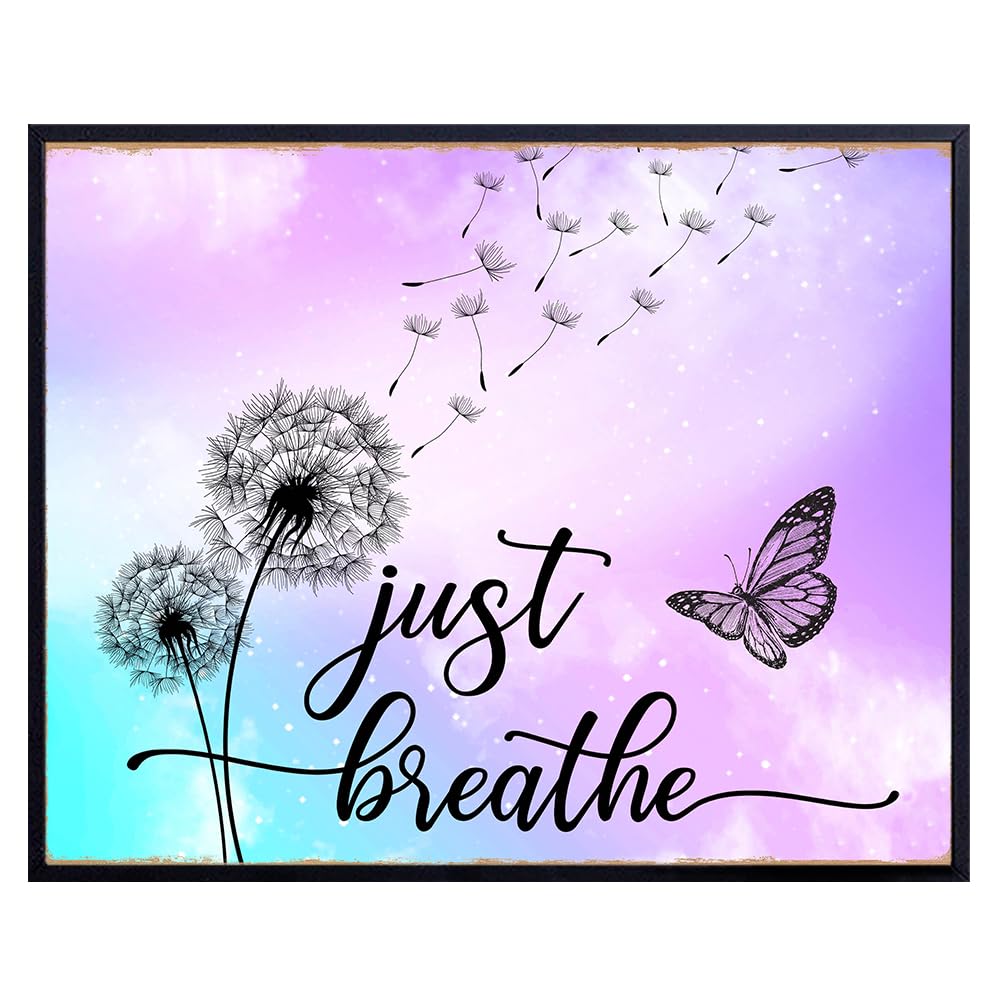 Dandelion Butterfly Just Breathe Wall Art 11x14 - Inspirational Positive Quotes Home Decor - Purple Wall Art for Women Office Bedroom - Zen Meditation Mindfulness Gift - Shabby Chic Boho Unframed