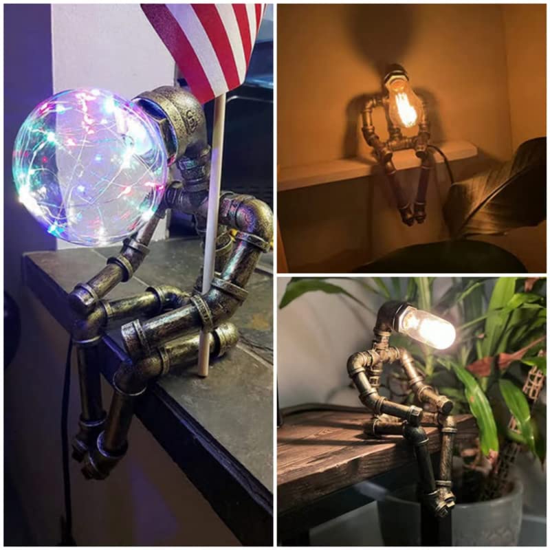 PUPERY Steampunk Table Lamp,Retro Industrial Bronze Pipe Robot Desk Lamp with 2 Edison Bulbs Lamp Creative Gift