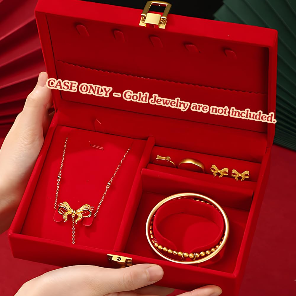 BAIWOVIS Chinese Wedding Jewelry Box for Groom, Double Happiness and Loong Phoenix Design, Chinese Engagement Red Velvet Presentation and Storage Case Gift Box for Gold Jewelry