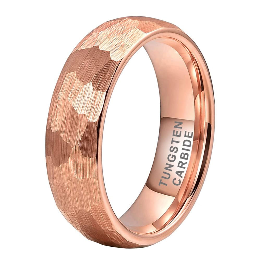 TUTISS 6mm Rose Gold Hammered Tungsten Rings for Men Women Engagement Wedding Bands Domed Matte Finish Comfort Fit Size 9.5