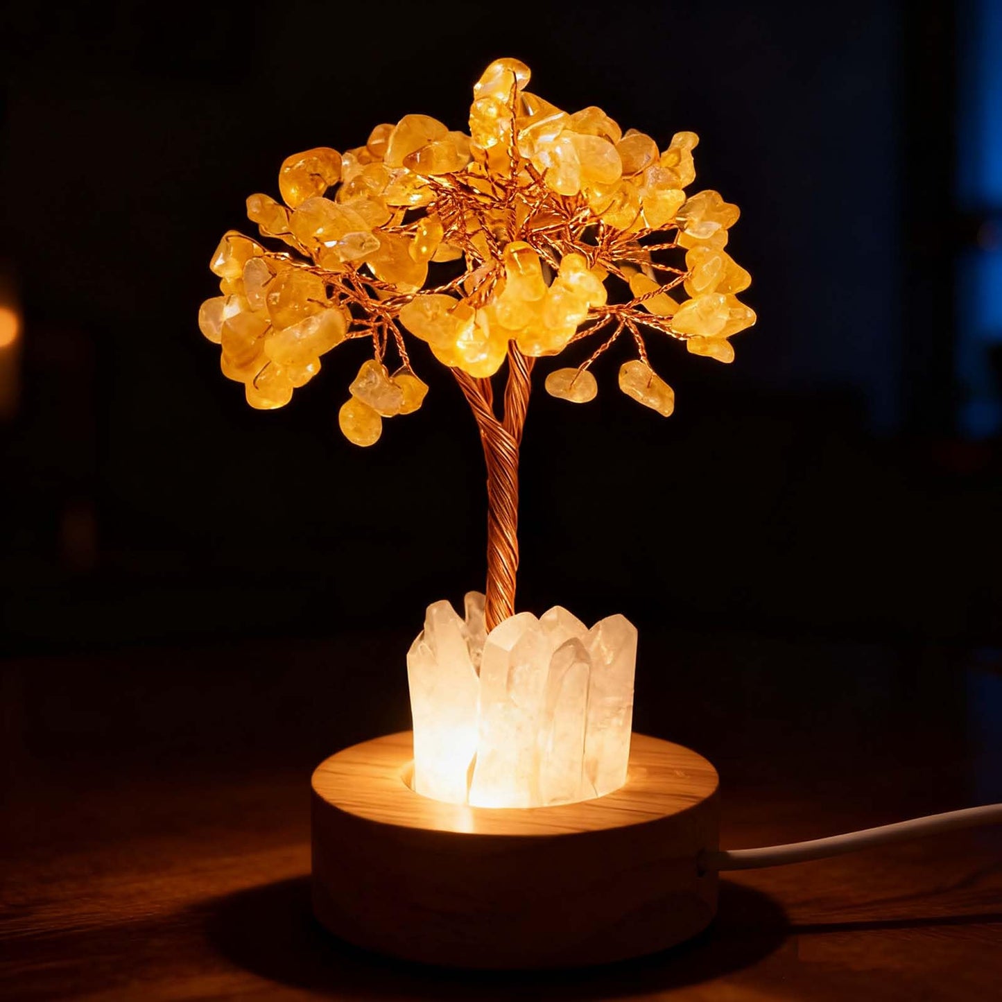 Runyangshi Runyanshi Citrine Money Tree Lamp - Abundance Crystal Night Light w/ 108 Natural Citrine Chips, Wood Base & USB Power, Manifestation Desk Decor for Wealth, Office, Gift