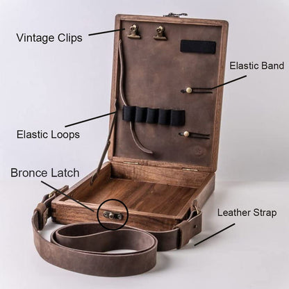 Writers Messenger Wood Box, Multifunctional Wooden Handmade Crossbody Postman Bag Portable Artist Tool Bag Painting Brush Tool Storage Sketch Box Easel for Outdoor Painting (Brown)…