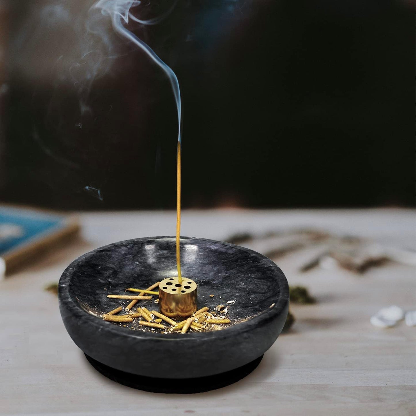 Wadayu Handmade Natural Marble Incense Holder for Sticks and Cones-with 9 Holes, Multi-Functional Incense Burner Holder for Incense Sticks and Cones, Perfect Home Decor(Black, 4.7inch)