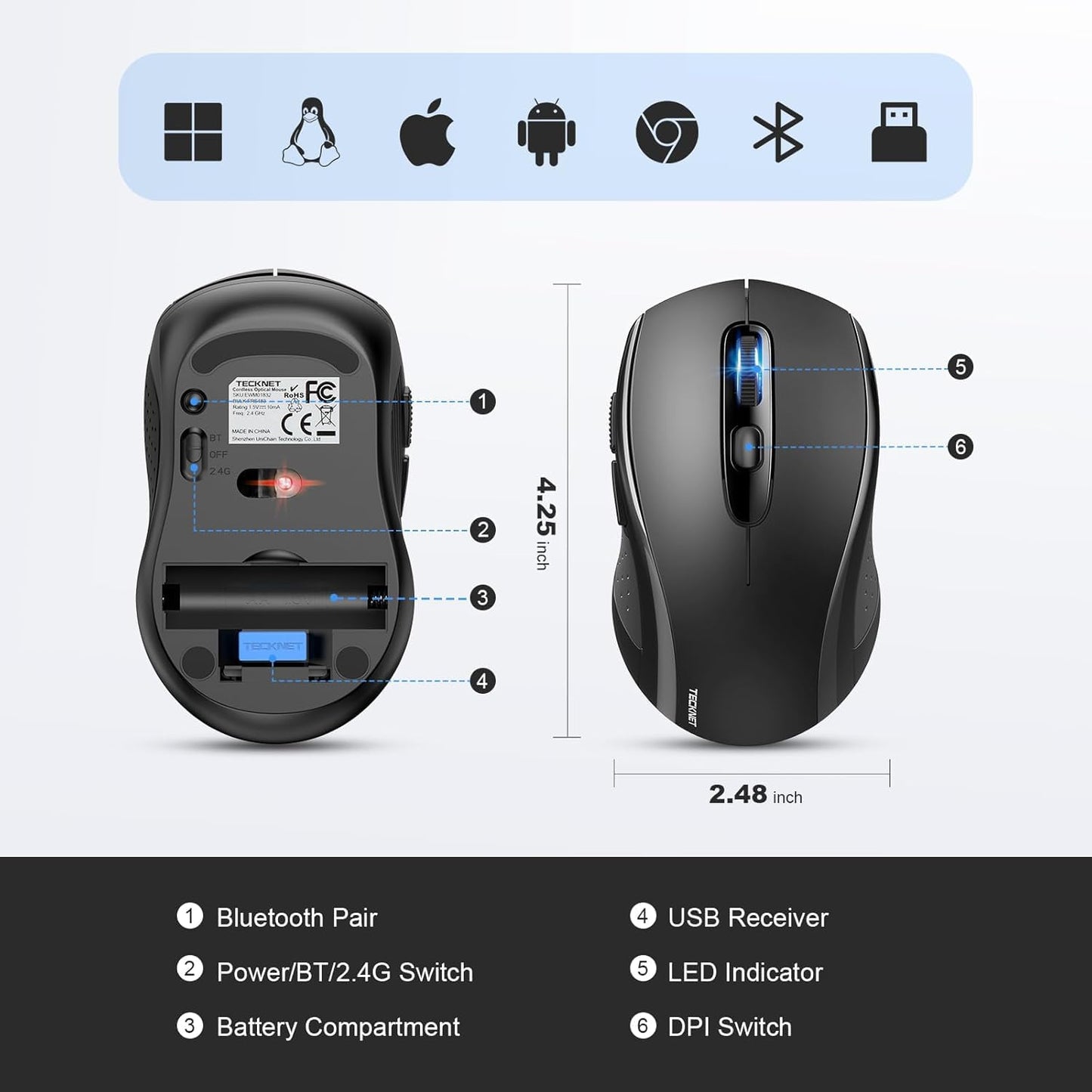 TECKNET Wireless Mouse for Laptop, Silent Bluetooth Mouse(BT5.0 & 2.4G) 4000DPI Adjustable, Computer Portable PC Quiet Mice with USB-A Receiver & 6 Buttons for Mac, 18 Months Battery