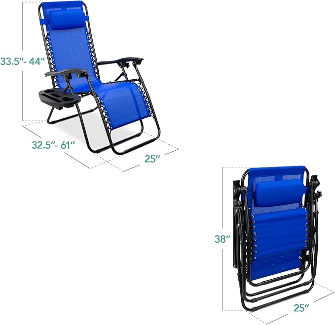 Best Choice Products Set of 2 Adjustable Steel Mesh Zero Gravity Lounge Chair Recliners w/Pillows and Cup Holder Trays - Cobalt Blue