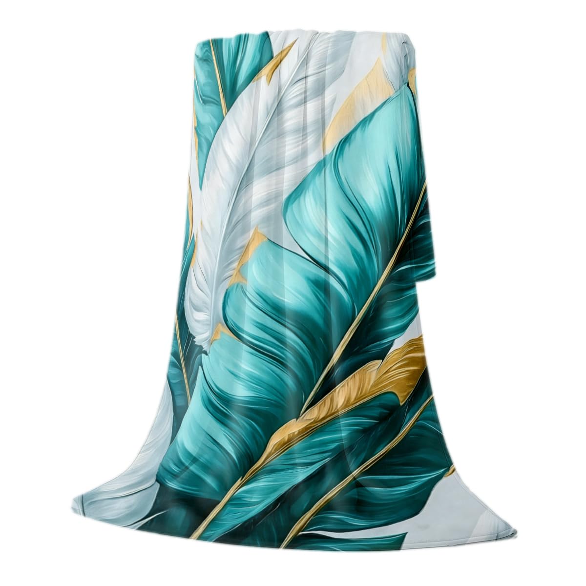 HUNXIAOJ Tropical Blankets and Throws Tropical Plant Blanket for Couch Bed Room Home Decor Tropic Leaf Throws Teal Gold Botanical Decor Flannel Gifts for Women Adults Kids 49"x59"