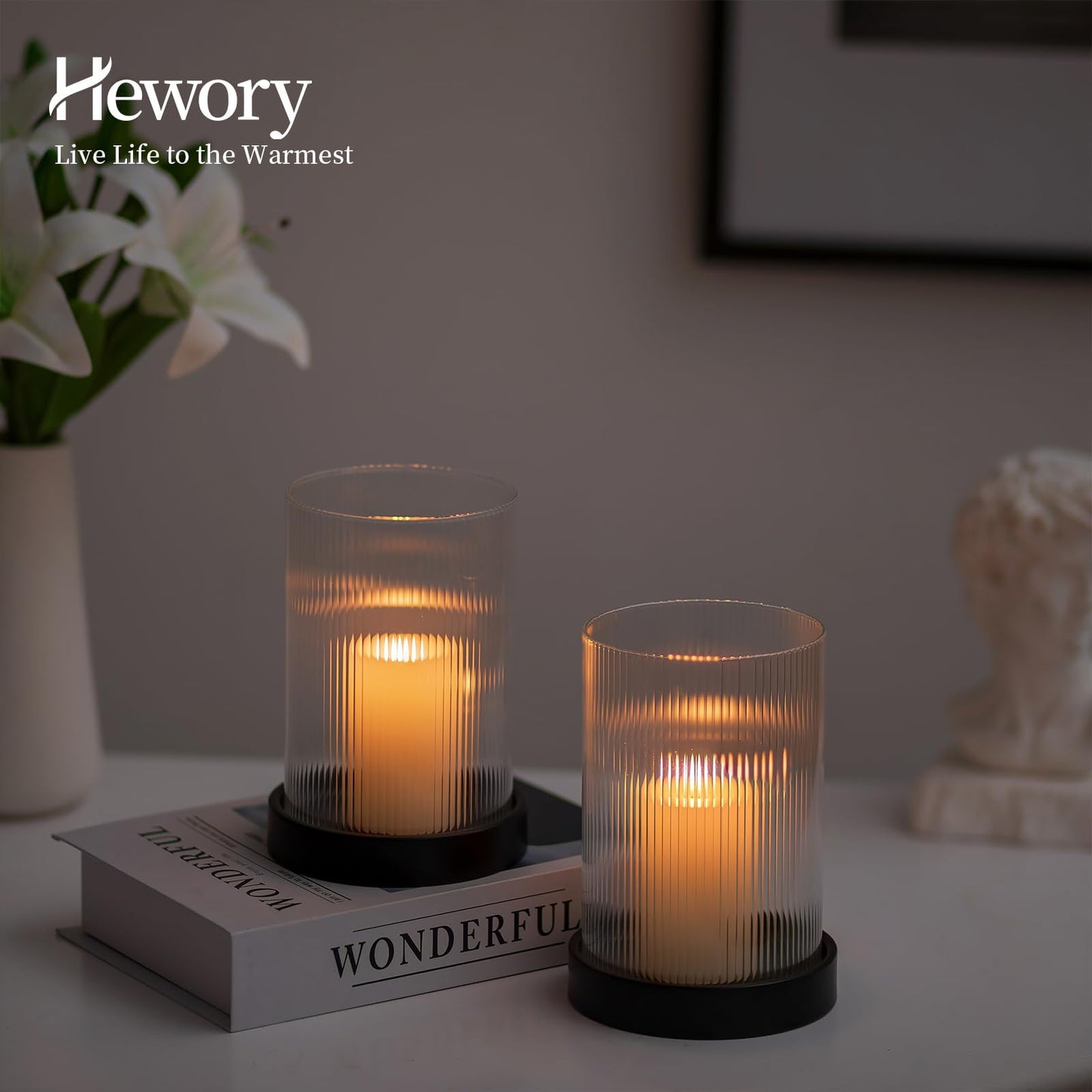 Hewory Ribbed Hurricane Candle Holder: Black Votive Candle Holders Set of 2, Glass Hurricane with Metal Candle Plate, Pillar Candle Holder for Table Centerpiece Christmas Wedding Holiday Home Decor