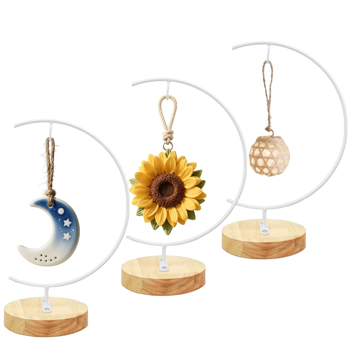 YY YEARCHY 11-inch Ornament Display Stand with Wooden Base Metal Hook Tabletop Holder for Hanging Glass Globe Ball Gifts(3, White)