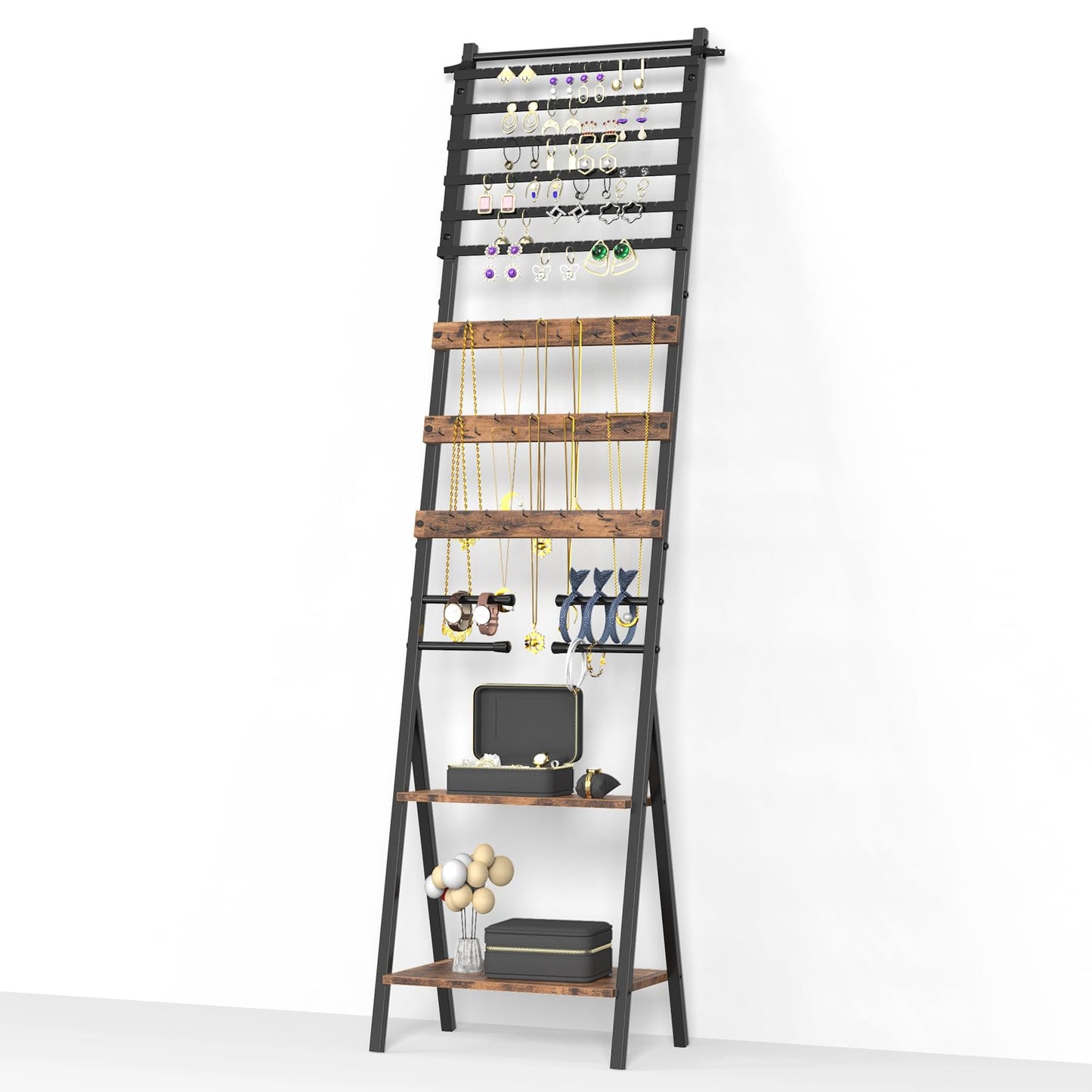 NOVIMANGO Jewelry Stand Floor Standing Jewelry Holder Organizer Jewelry Organizer Stand with Necklace Holder Earring Organizer Freestanding Jewelry Armoire for Watches, Rings, Bangle