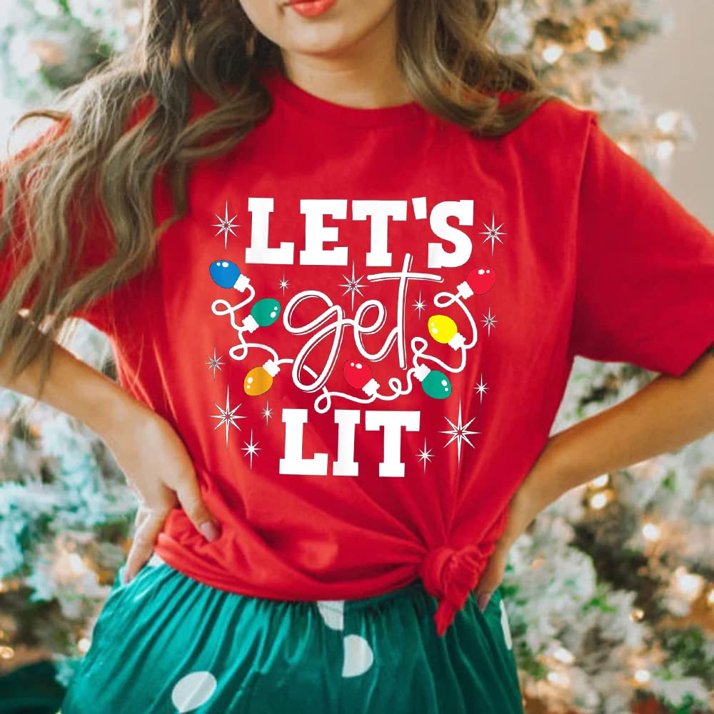 Christmas Shirts for Women Let's Get Lit Shirt Cute Lights Graphic Short Sleeve Xmas Tops TeesS Red