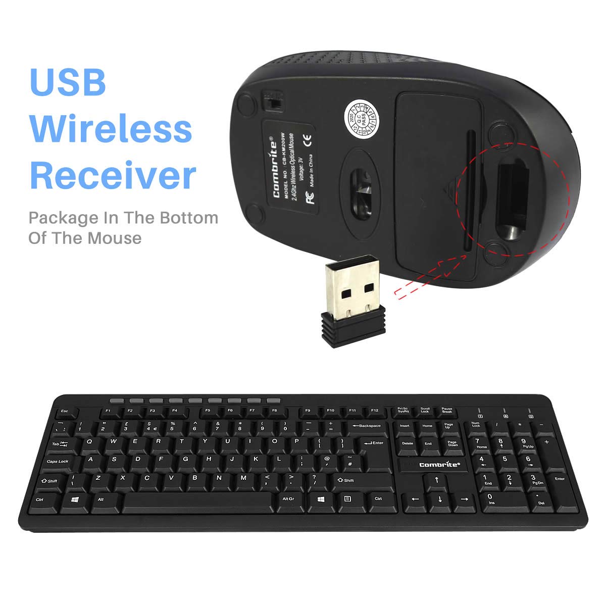 Combrite Wireless Keyboard And Mouse Set, Ergonomic 2.4Ghz Cordless, Slim Multi-Media Shortcut Keyboard, Comfort Wireless Optical Mouse Adjustable DPI, English UK Layout (KM200W)