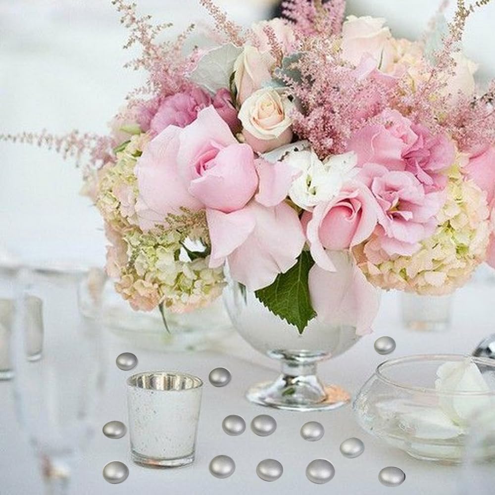 HappyFiller 170 Pcs 0.6 inch Mini Silver Glass Gems Decorative Flat Marbles for Vase Fillers Wedding Table Centerpieces Party,Candle Holder Pebble Stones,Arts Crafts,1 LB