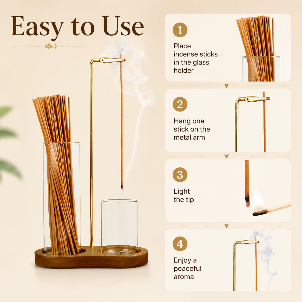 Incense Holder for Sticks, Wooden Incense Burner with Glass Ash Catcher, Anti-Ash Vertical Incense Stick Holder for Meditation Yoga Spa Home Decor