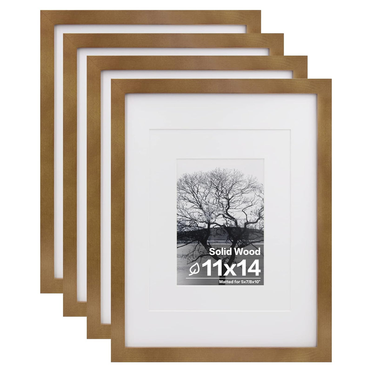Egofine 11x14 Picture Frames 4 Pack Display Pictures 5x7/8x10 with Mat or 11x14 Without Mat Made of Solid Wood Covered by Plexiglass for Table Top Display and Wall Mounting Photo Frame, Light Brown