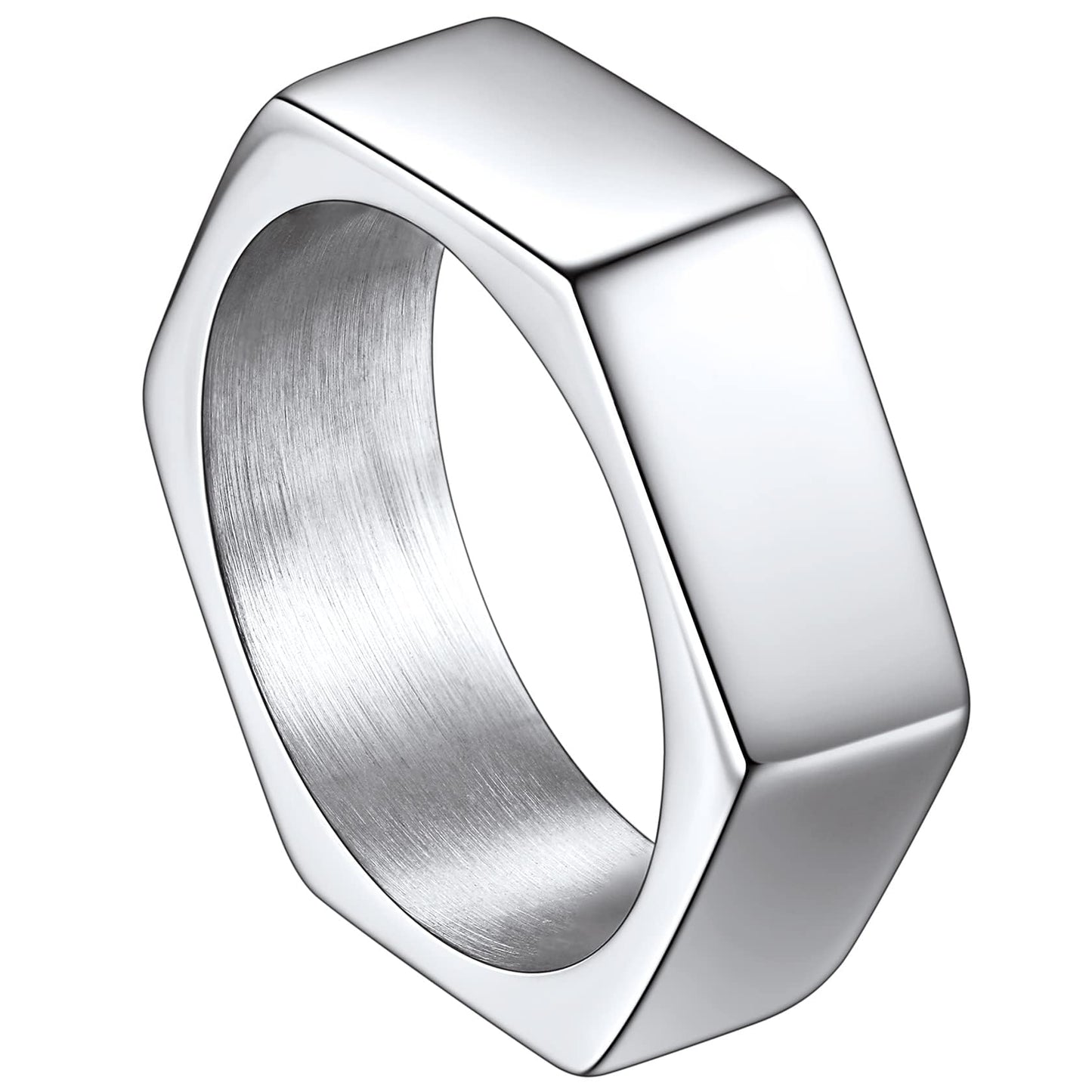 ChainsHouse Men's Punk Stainless Steel Gothic Screw Edge Hexagon Geometric Biker Ring Bands, Size 9