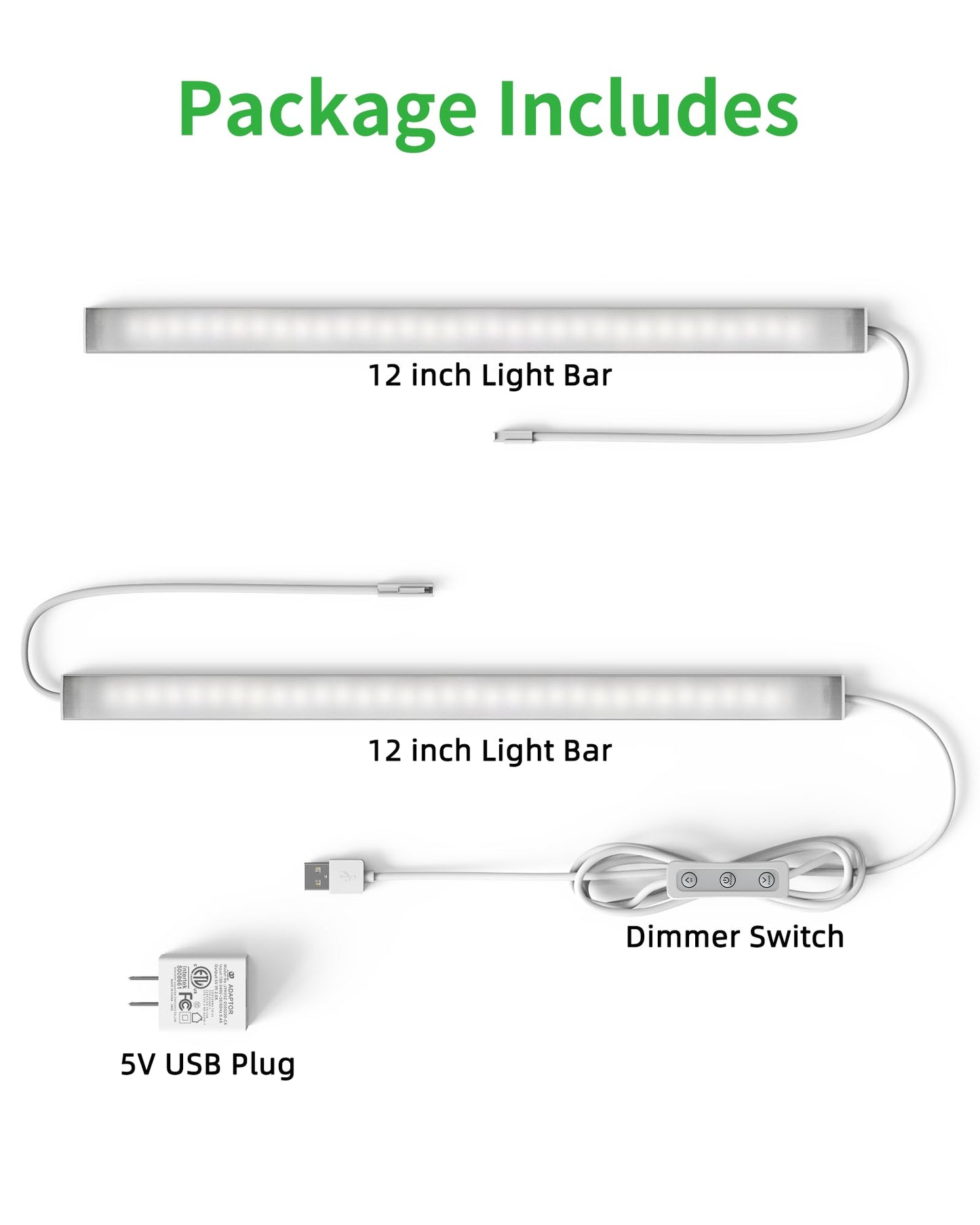 Vovamo Plug-in Under Cabinet Lighting, Dimmable Counter Lights for Kitchen, 2pcs 12 Inch, Cold White 6000K Linkable USB Led Closet Light, Wired Indoor Night Lights Bar for Desk, Sink,Workbench