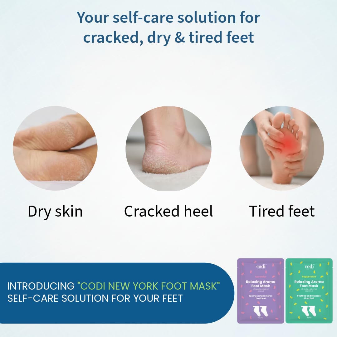 Codi New York Relaxing Aroma Foot Mask, Home Spa Moisturizing Pedicure Socks, 6 Pairs, For Dry Cracked Heel, Hydrating Foot Treatment, Made in Korea (Peppermint)